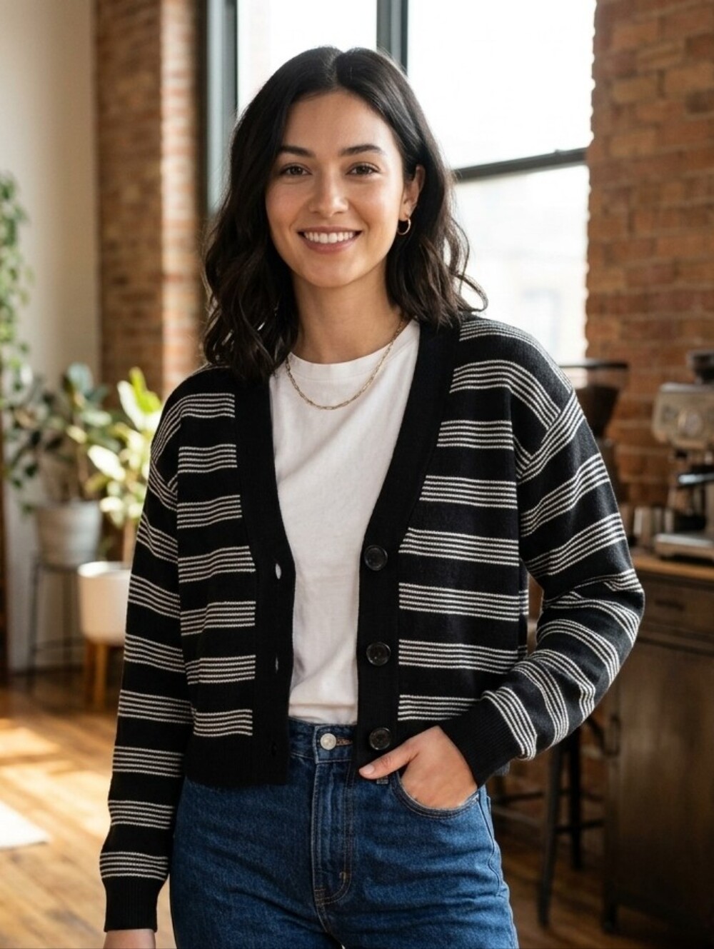 Ardene Black & White Striped Cardigan